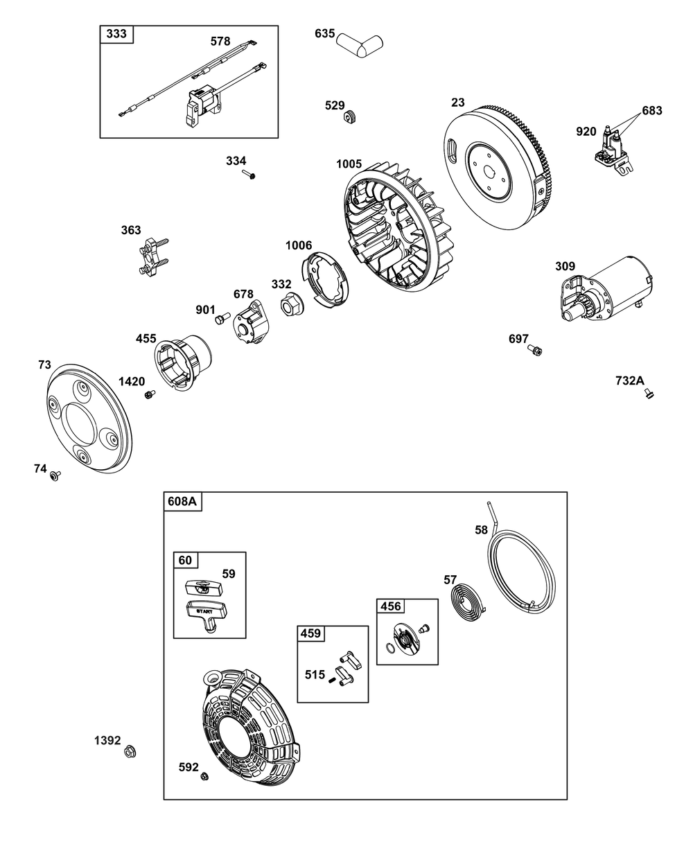 Flywheel, Ignition, And Starter Group Diagram and Parts List for 386447-0099-H5 200000 - 399999 Briggs and Stratton Engine